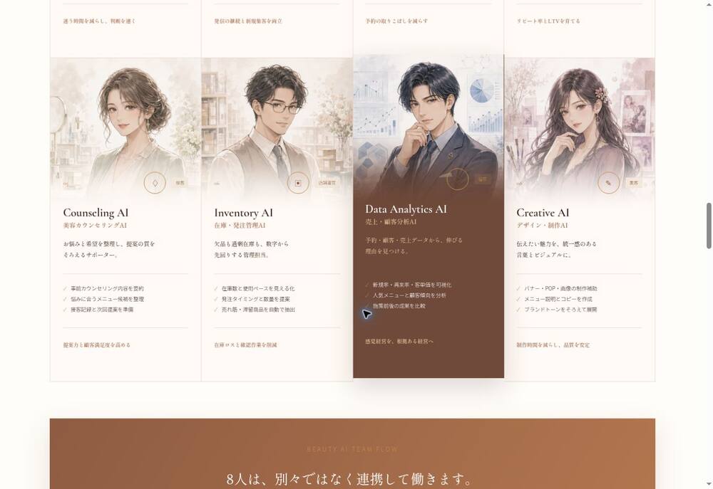 美容ビジネスを支援するAI社員の紹介画面